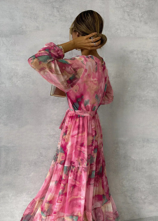 Violetta - Sommer-Wickelkleid mit Blumen für Damen, mit Gürtel und langen Ärmeln