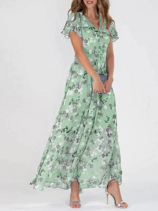 Fließendes Blumen-Maxikleid für Frauen mit V-Ausschnitt und femininem Schnitt
