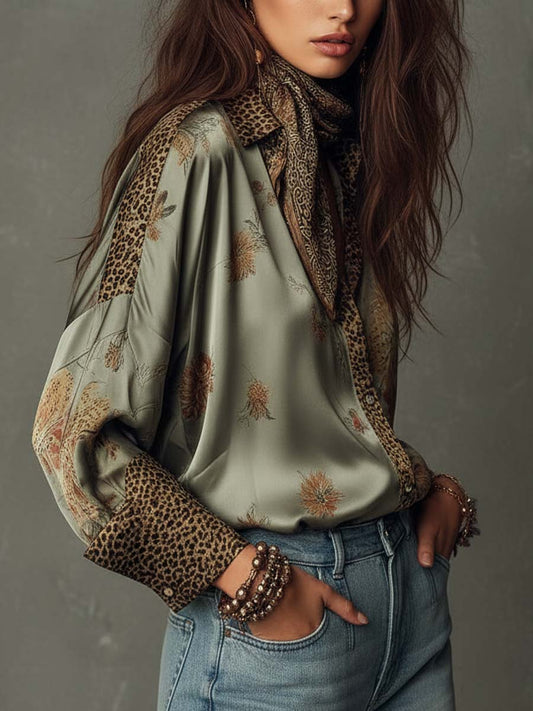 Elegante Satinbluse mit Floral-Print für Damen – Lockeres Langarmhemd im Boho-Look