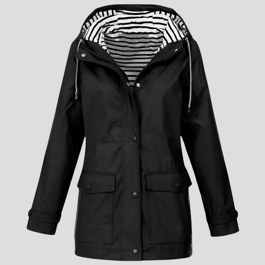 Camille - Wasserfeste Regenjacke mit Windschutz und horizontal gestreiftem Innenfutter in einfarbiger Außenfarbe, mit Taschen