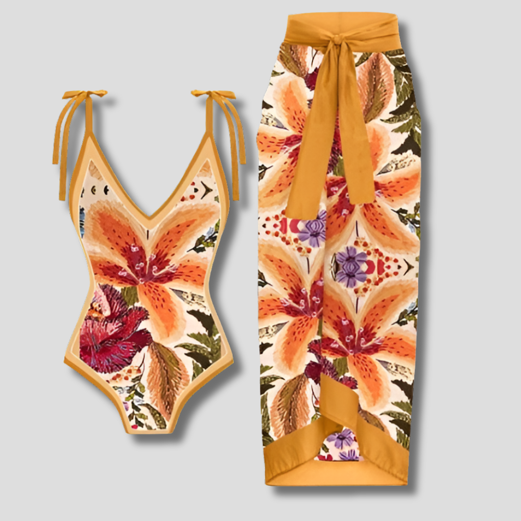 Badeanzug Set mit Pareo – tropischer Print & elegantes Strand-Outfit für Damen