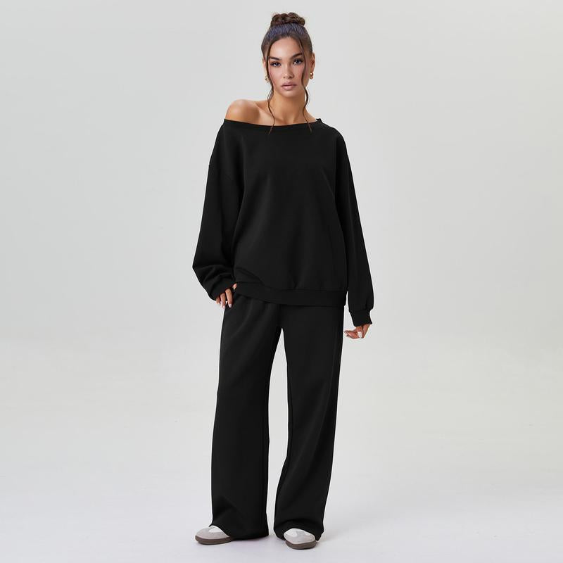 Lässiges Damen Lounge Set mit One-Shoulder Sweatshirt – Bequemer Zweiteiler mit weiter Hose