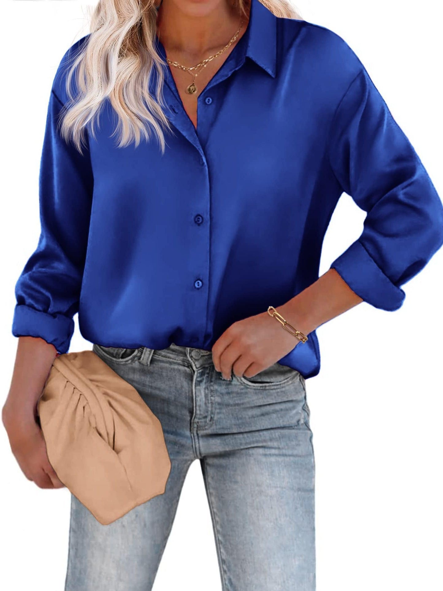 Amélina - Legere Bluse aus Farbensatin mit Knopfleiste und langen Ärmeln