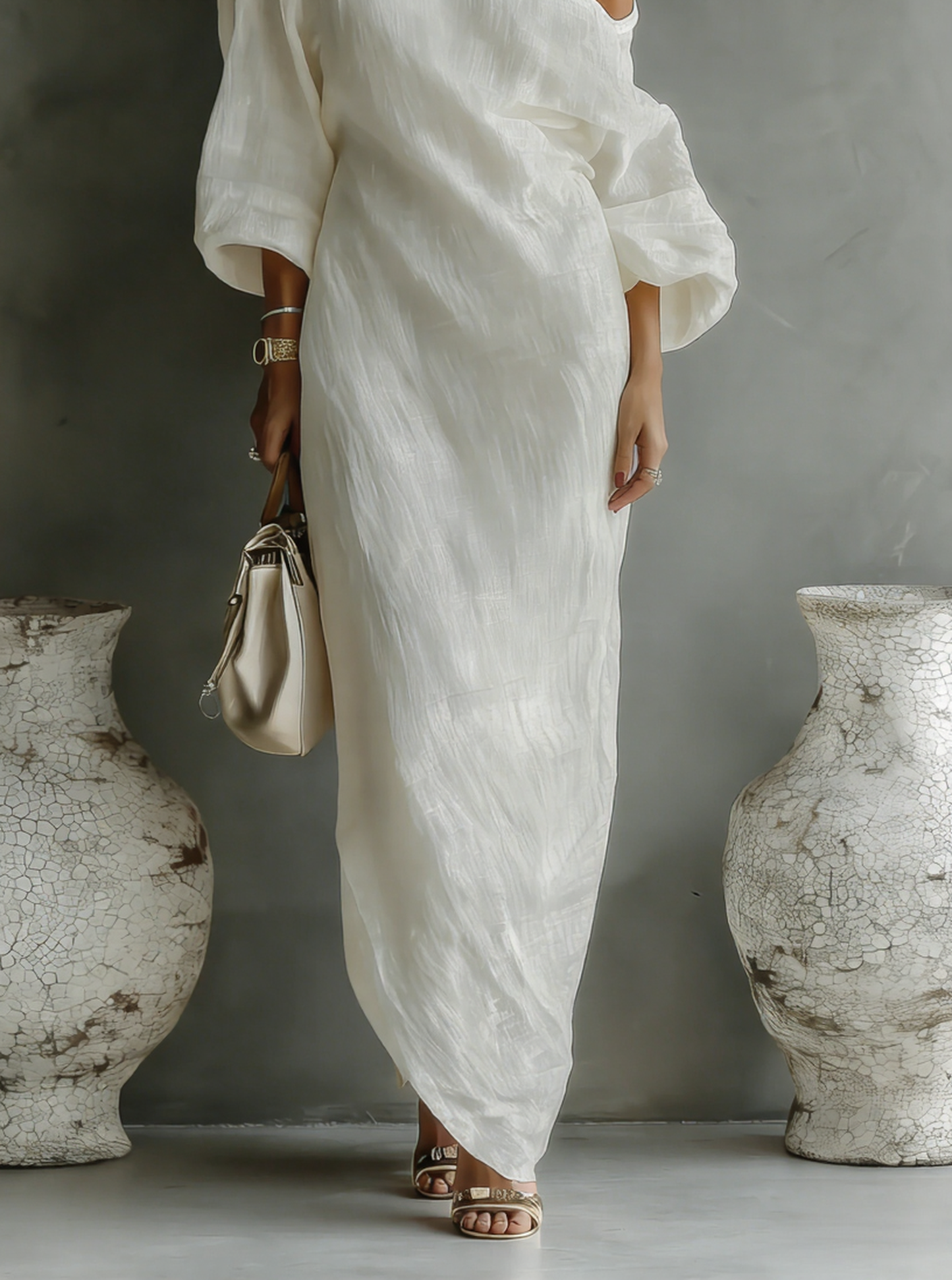 Sabine - Maxikleid Elfenbein mit einem Träger aus Baumwoll-Leinen