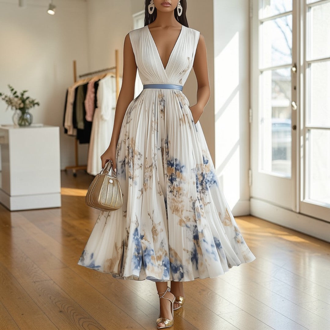 Elegantes Midi Kleid mit Plissee & floralem Print für Damen – Femininer V-Ausschnitt & stilvolle Silhouette