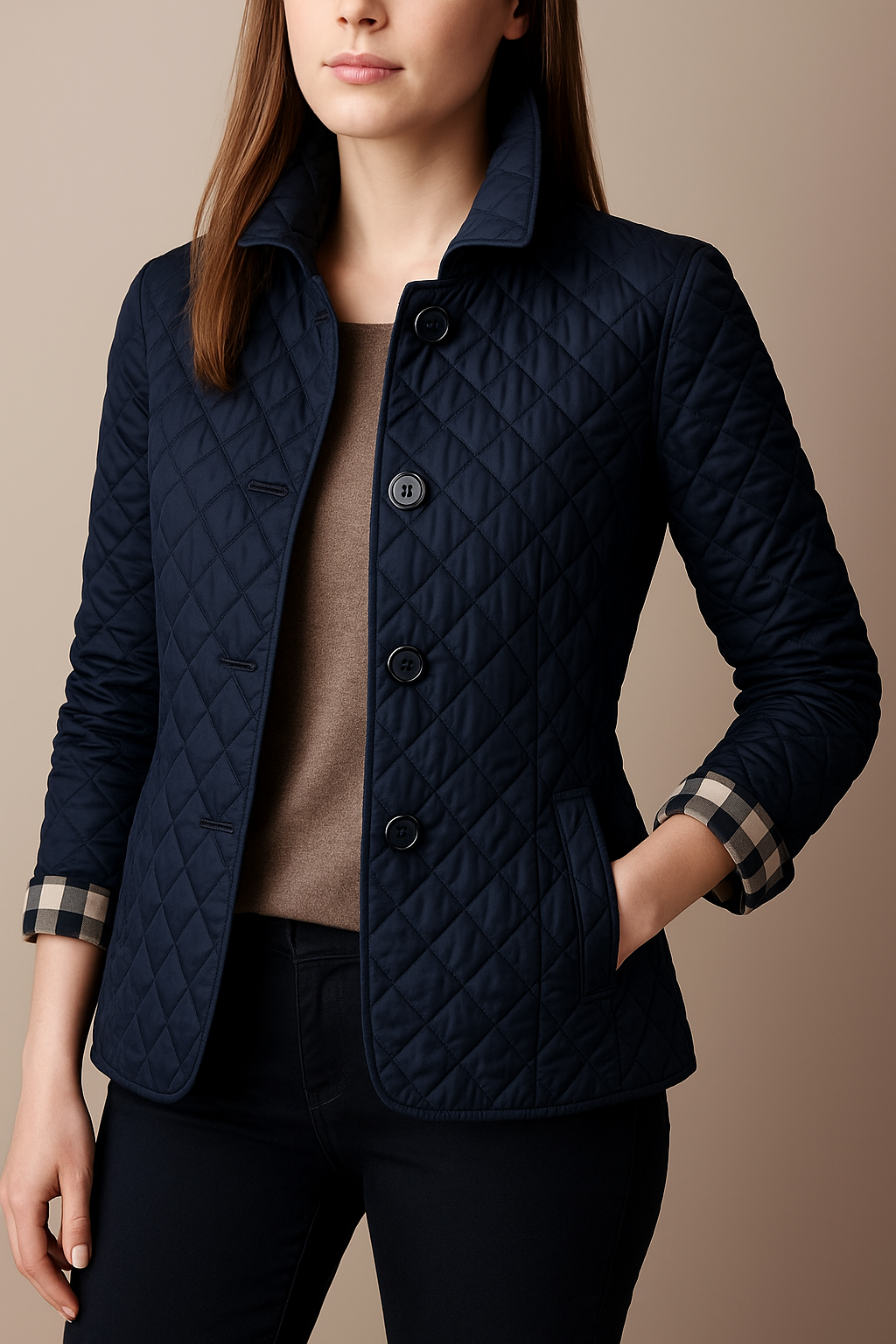 Virelia - Eleganter Frühlingsmantel aus Seide mit Karomuster, Knöpfen und Innenfutter im Burberry-Design