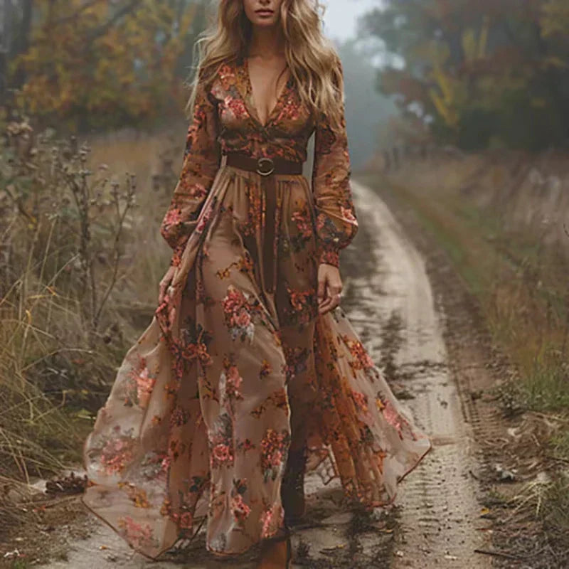 Élvanie - Maxikleid im Boho-Stil mit floralem Muster, elegant und vintage