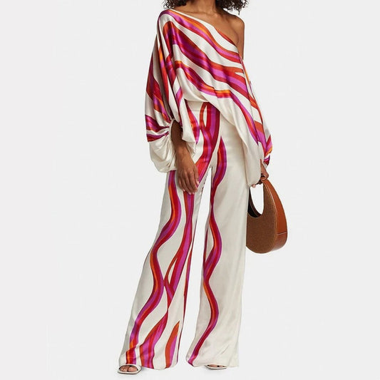 Maëlys - Elegantes Zweiteiliges Ensemble für Frühling und Sommer mit Weiten Ärmeln und Off-Shoulder Design, Hochtaillierte Palazzo-Hosen und Glänzenden Mustern