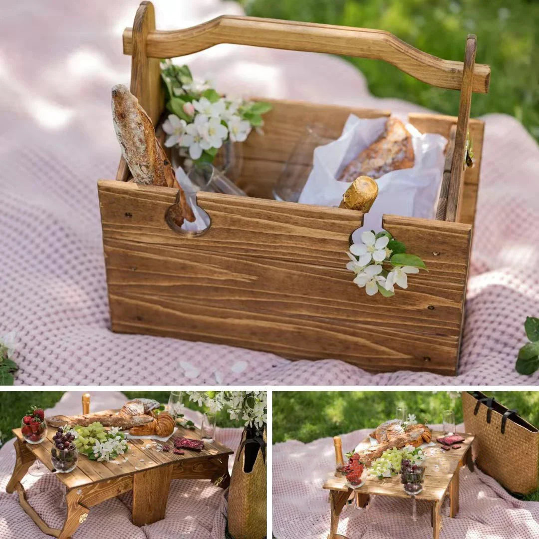 Klappbarer Picknicktisch aus Holz mit Tragekorb – Multifunktionales Outdoor Serviertablett für Garten & Camping