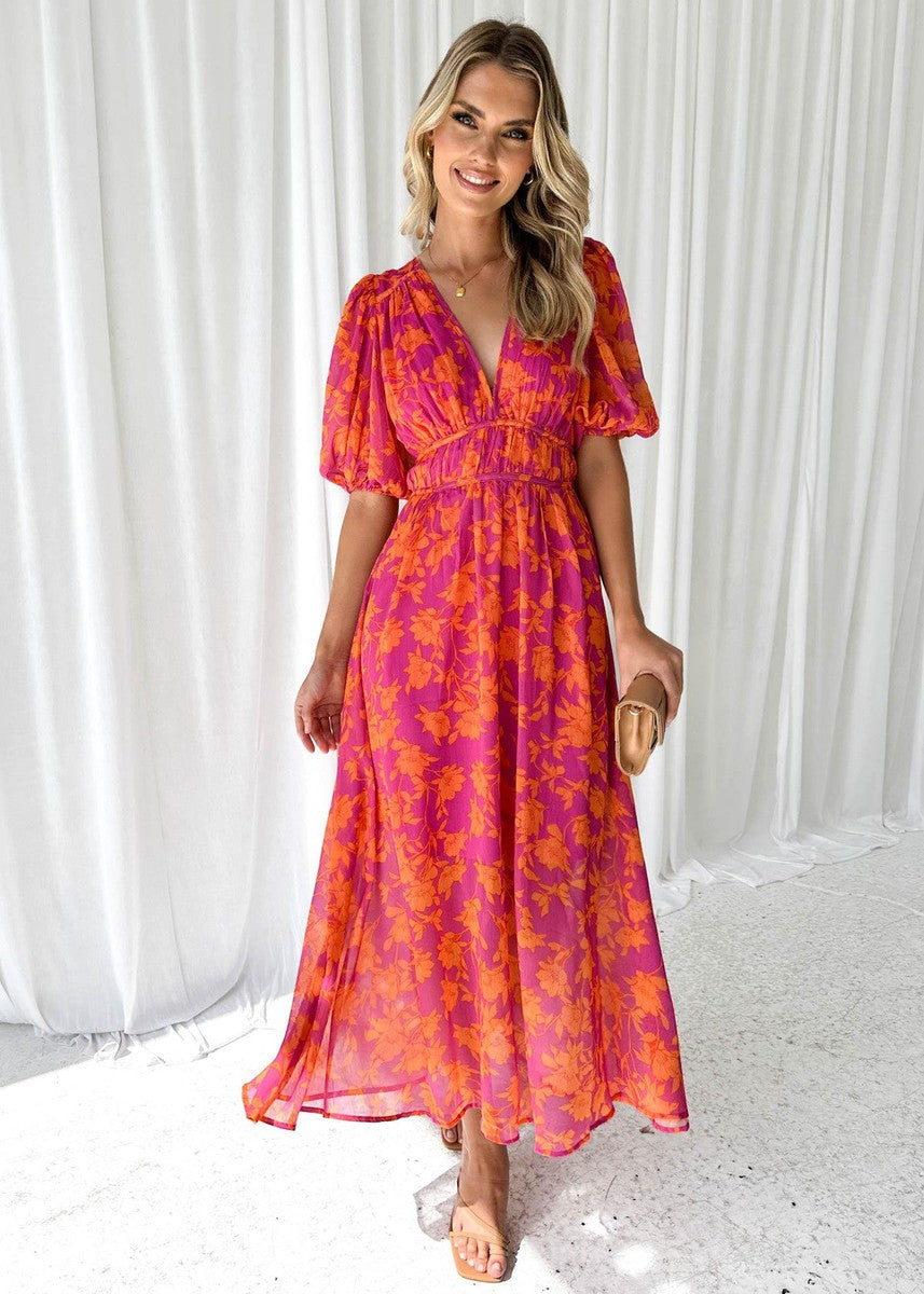 Elegantes V-Ausschnitt Maxikleid mit floralem Print – Luftiges Sommerkleid für Damen