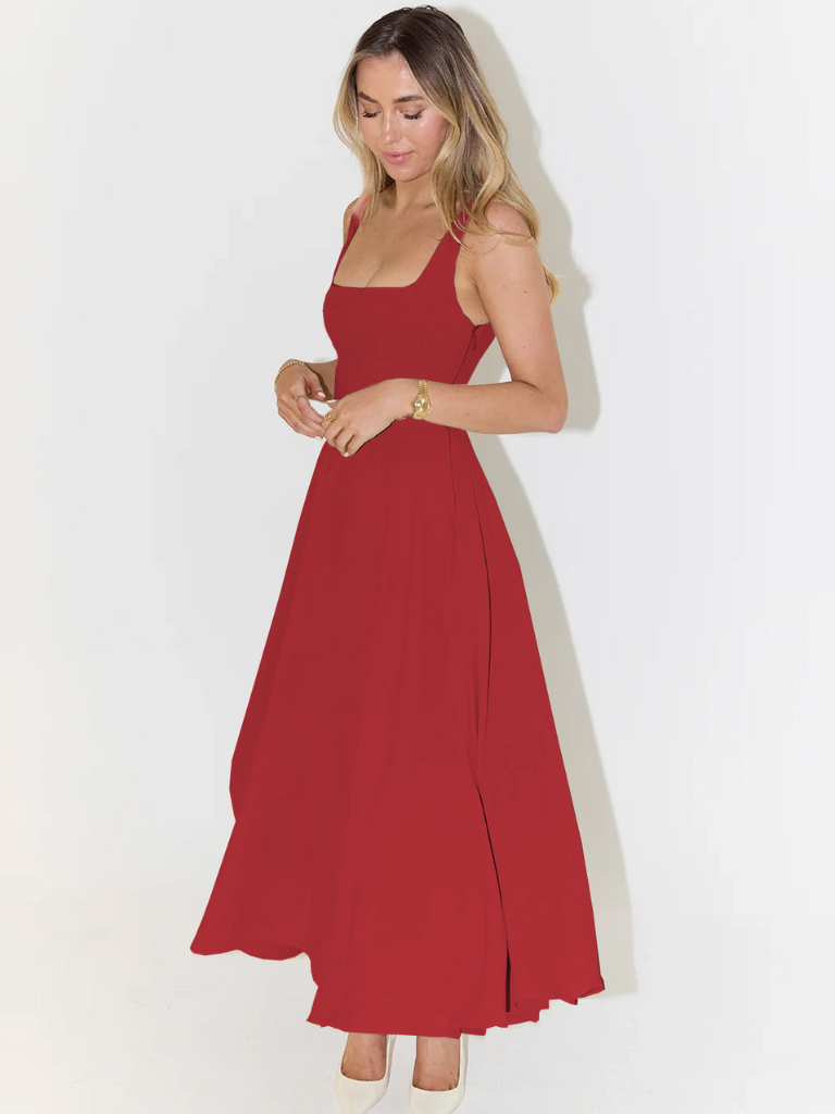 Elegantes Midi Kleid mit eckigem Ausschnitt & A-Linie – Figurbetontes Sommerkleid für Damen
