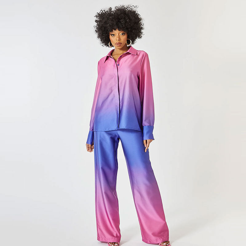 Seidenoptik Zweiteiler mit Farbverlauf – Elegantes Blusen- & Hosen-Set für Damen