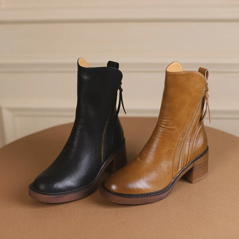 Elegante Damen Leder Stiefeletten mit Blockabsatz – Bequeme Boots mit Reißverschluss