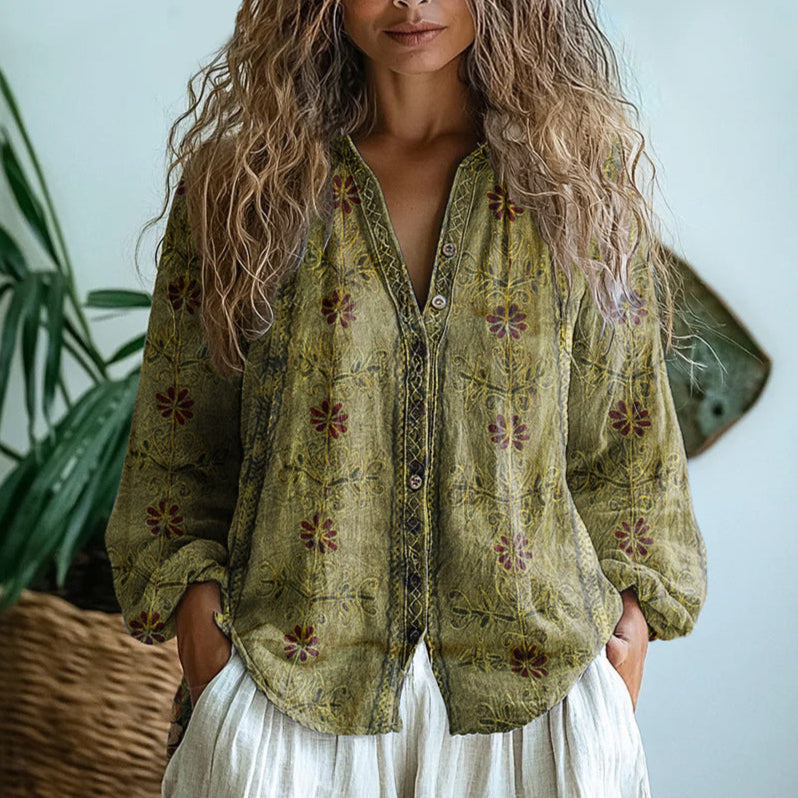 Rosélune - Bohemian Frühlingsweste mit Knöpfen, Vintage Blumenmuster und langen weiten Ärmeln