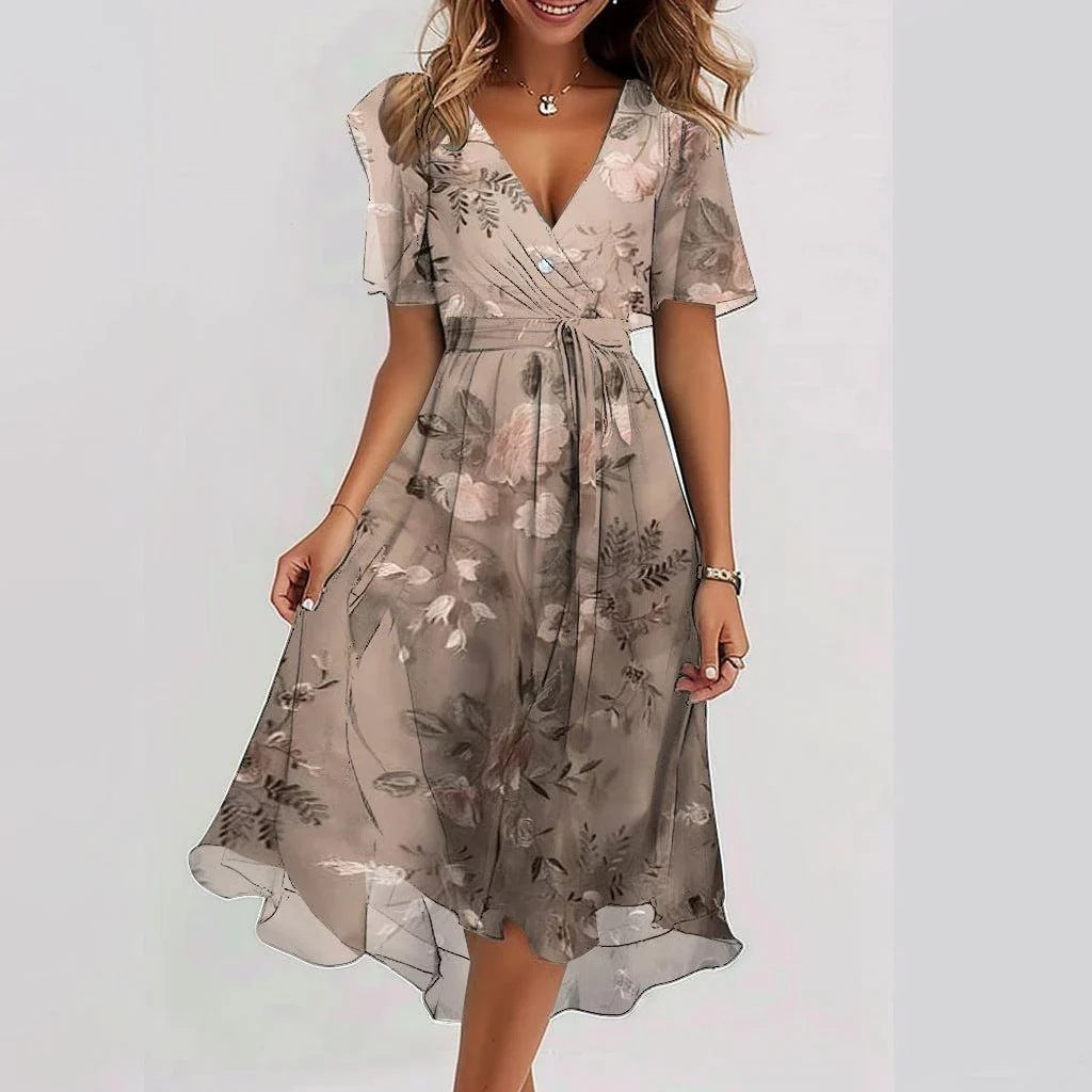 Elegantes Wickelkleid mit Blumenprint für Damen – Luftiges Chiffon Midikleid mit Volantärmeln