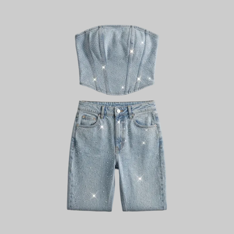 Glitzerndes Denim Zweiteiler Set mit Strass-Corsage & Jeans für Damen – Trendy Party-Look & Figurbetont