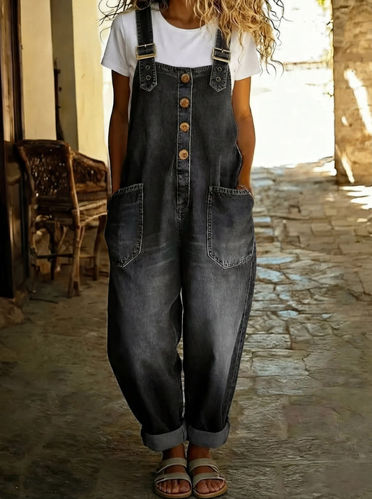 Lässiger Denim Jumpsuit für Damen – Lockerer Overall mit Knopfleiste & Taschen