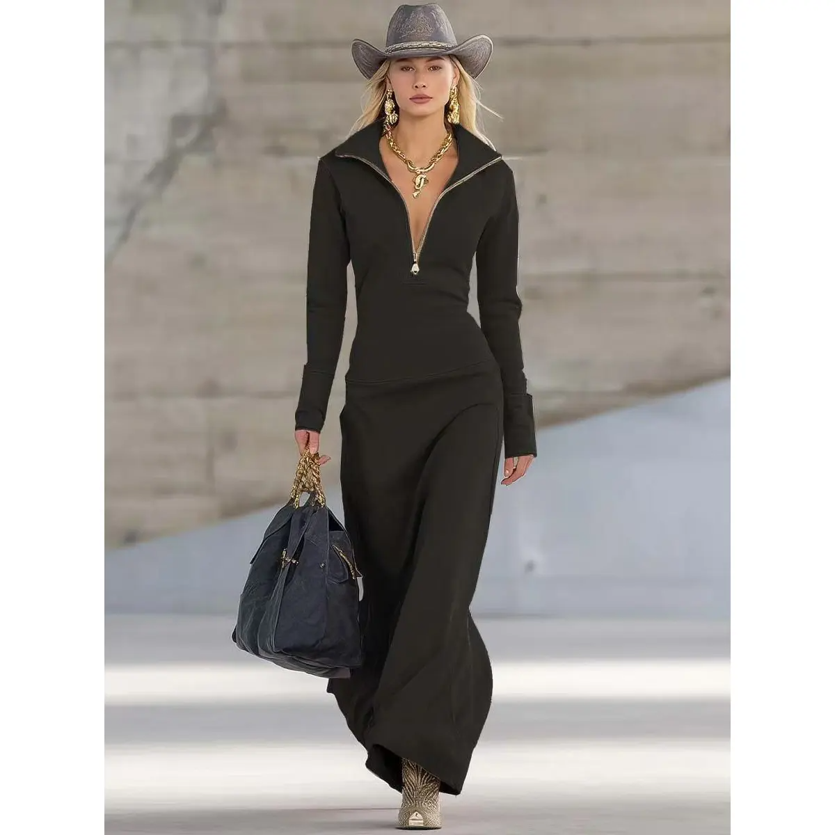 Elegantes Maxi Kleid mit Reißverschluss-Ausschnitt & taillierter Passform für Damen – Figurbetont & Modern