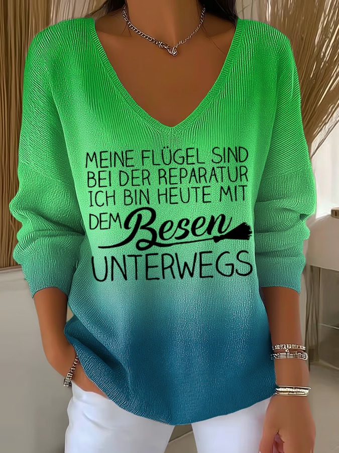 Lässiges V-Ausschnitt T-Shirt mit Spruch – Lockeres Statement Shirt für Damen
