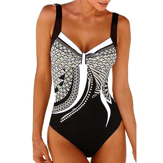 Eleganter Badeanzug für Damen – Figurformendes Design mit Print & V-Ausschnitt