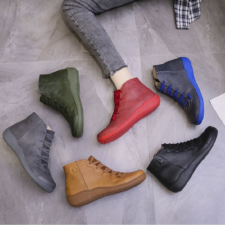 Orthopädische Leder Stiefeletten für Damen – Bequeme Schnürboots mit Reißverschluss & Breiter Zehenbox