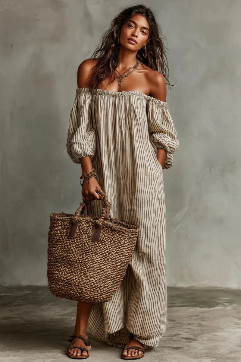 Aurélisse - Beige Gestreifte Maxikleid mit Offenen Schultern aus Leinenmischung