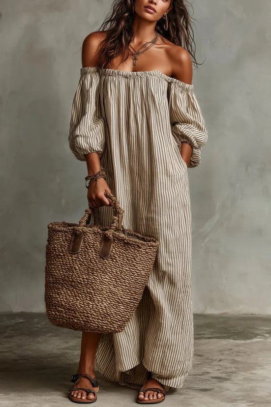 Aurélisse - Beige Gestreifte Maxikleid mit Offenen Schultern aus Leinenmischung