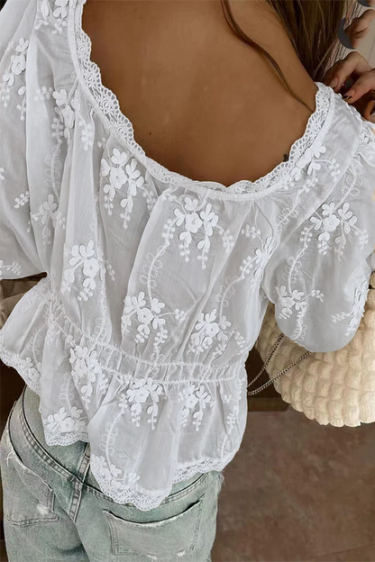 Joséphine - Bluse Frühling Bohème Romantisch aus Spitze mit langen Ärmeln und floralen Details für Frauen