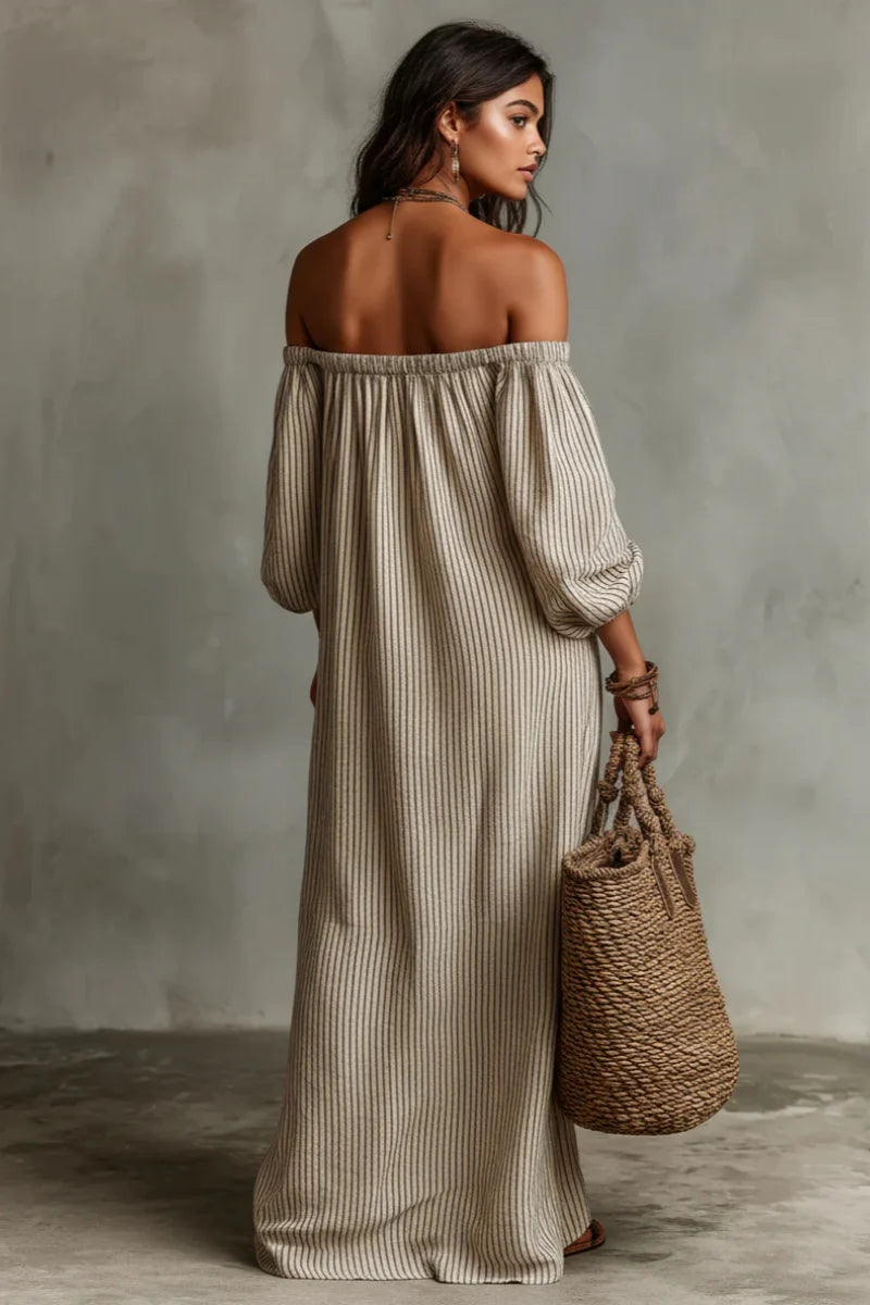 Aurélisse - Beige Gestreifte Maxikleid mit Offenen Schultern aus Leinenmischung