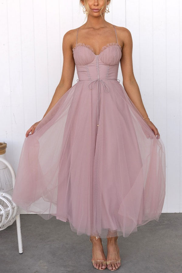 Aurélina - Midi Sommerkleid mit Korsett für Frauen, Tüllrock und Spaghetti-Träger