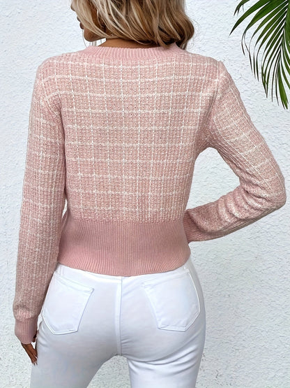 Elegante Strickjacke mit Tweed-Muster & Goldknöpfen für Damen – Klassischer Chic Cardigan