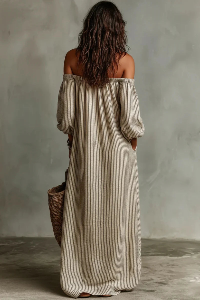 Aurélisse - Beige Gestreifte Maxikleid mit Offenen Schultern aus Leinenmischung