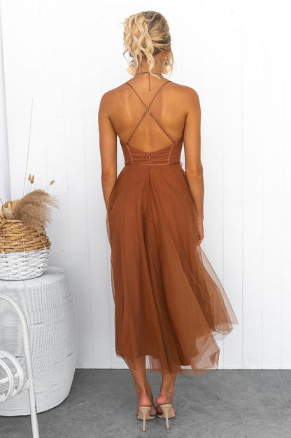 Aurélina - Midi Sommerkleid mit Korsett für Frauen, Tüllrock und Spaghetti-Träger