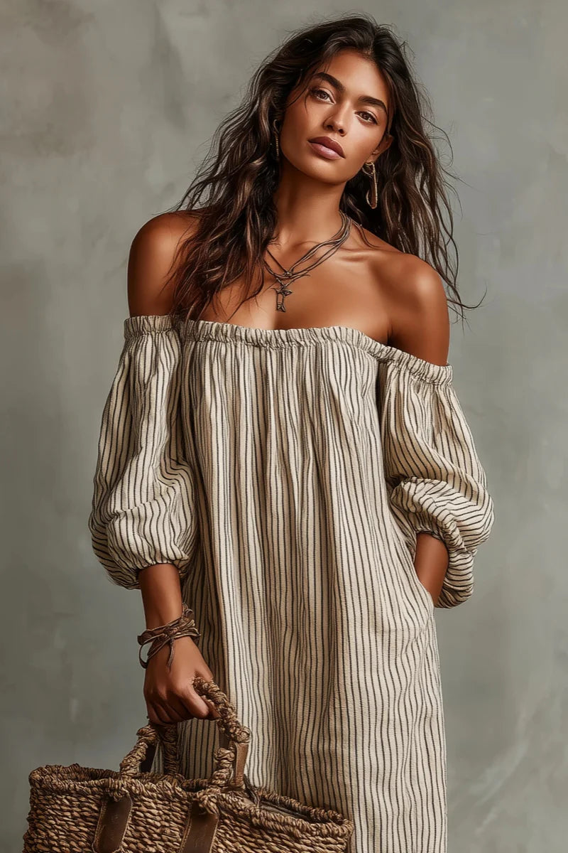 Aurélisse - Beige Gestreifte Maxikleid mit Offenen Schultern aus Leinenmischung
