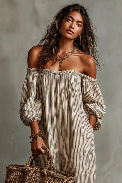 Aurélisse - Beige Gestreifte Maxikleid mit Offenen Schultern aus Leinenmischung