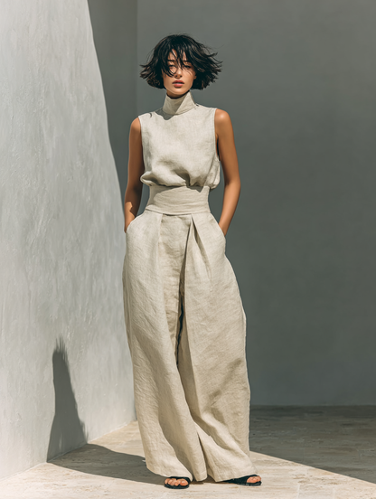 Eleganter Leinen Jumpsuit mit weitem Bein & Stehkragen für Damen – Luftig, Modern & Figurbetont