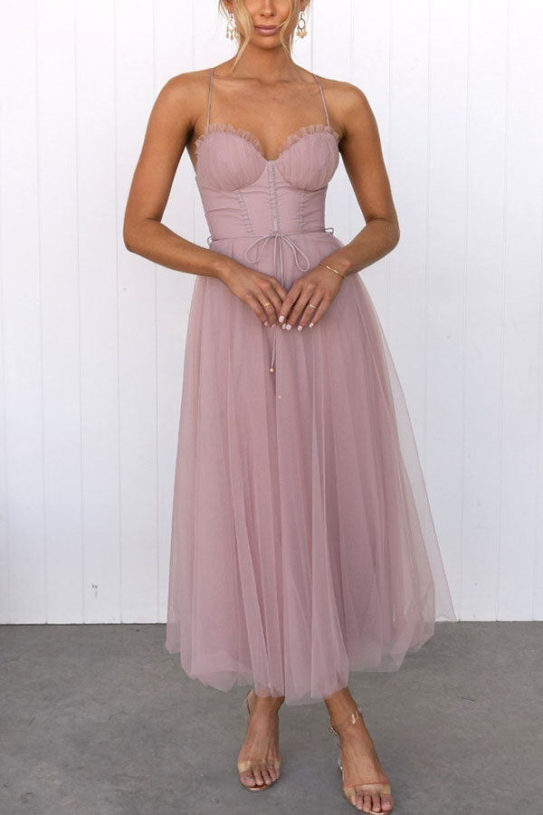 Aurélina - Midi Sommerkleid mit Korsett für Frauen, Tüllrock und Spaghetti-Träger