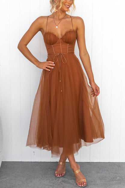 Aurélina - Midi Sommerkleid mit Korsett für Frauen, Tüllrock und Spaghetti-Träger