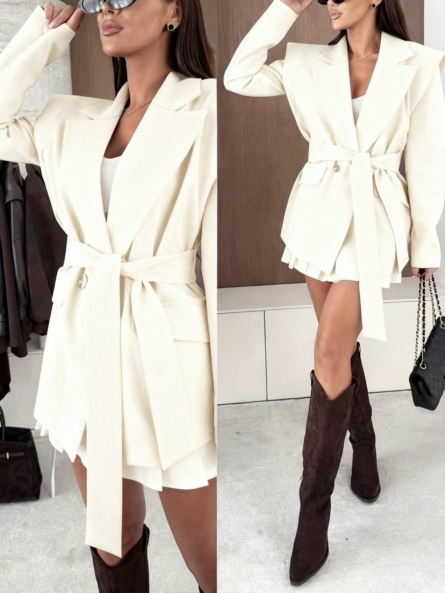 Auréva - Eleganter Frühlingsblazer mit Betonten Schultern und Gürtel für eine feminine Silhouette