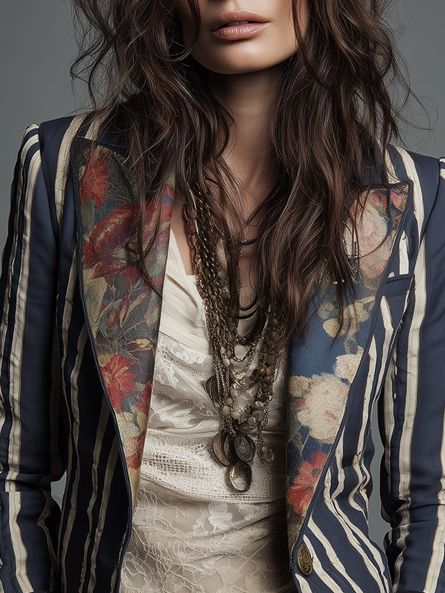 Oréliane - Vintage Ajustierter Blazer im Boho-Chic mit Blumen und Streifen für Frauen