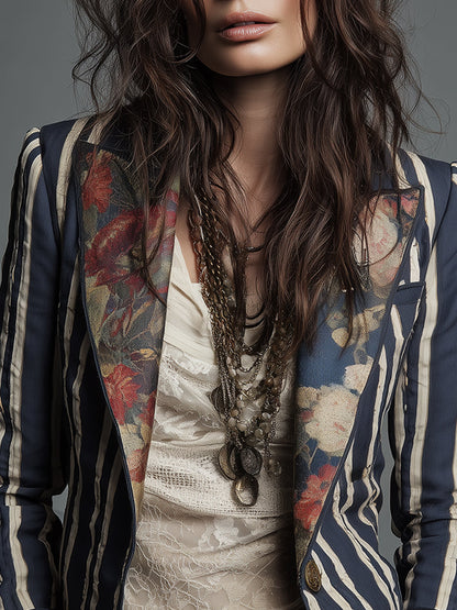 Oréliane - Vintage Ajustierter Blazer im Boho-Chic mit Blumen und Streifen für Frauen
