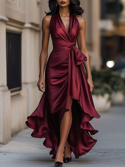 Delyra - Satin-Rüschenskleid, Rückenfrei, Mitternachts-Eleganz