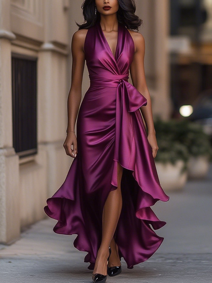 Delyra - Satin-Rüschenskleid, Rückenfrei, Mitternachts-Eleganz