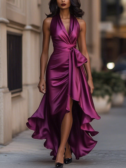 Delyra - Satin-Rüschenskleid, Rückenfrei, Mitternachts-Eleganz