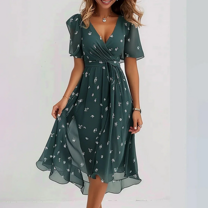 Elegantes Wickelkleid mit Blumenprint für Damen – Luftiges Chiffon Midikleid mit Volantärmeln