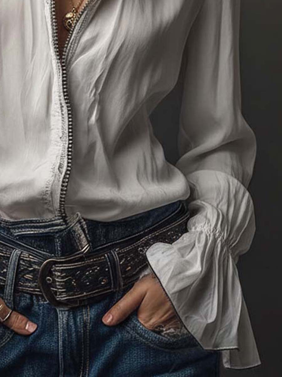 Ambréline - Romantische Weiße Bluse für Frauen mit Langen, Weiten Ärmeln