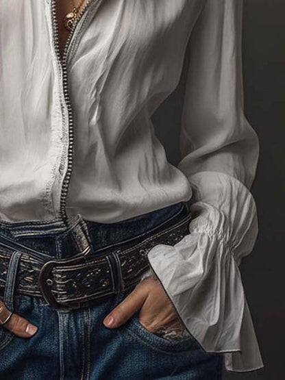 Ambréline - Romantische Weiße Bluse für Frauen mit Langen, Weiten Ärmeln