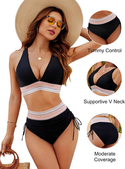 Stylischer Bikini für Damen mit High-Waist Hose – V-Ausschnitt & Figurformend