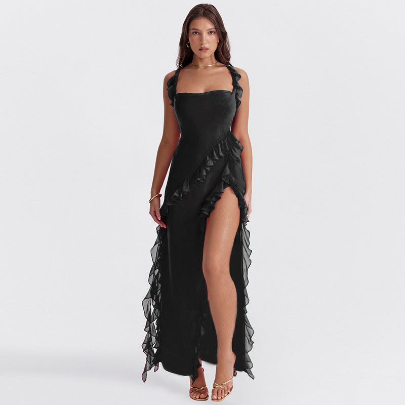 Évanya - Elegantes Maxikleid mit Cascading Rüschendetail und Hohem Schlitz