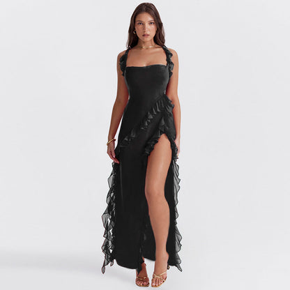 Évanya - Elegantes Maxikleid mit Cascading Rüschendetail und Hohem Schlitz